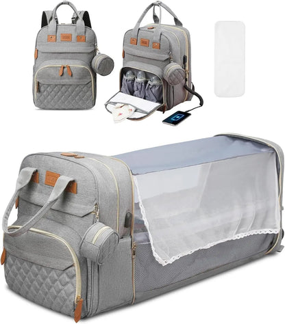 3-in-1 Diaper Bag Backpack with Foldable Baby Bed & USB Charging