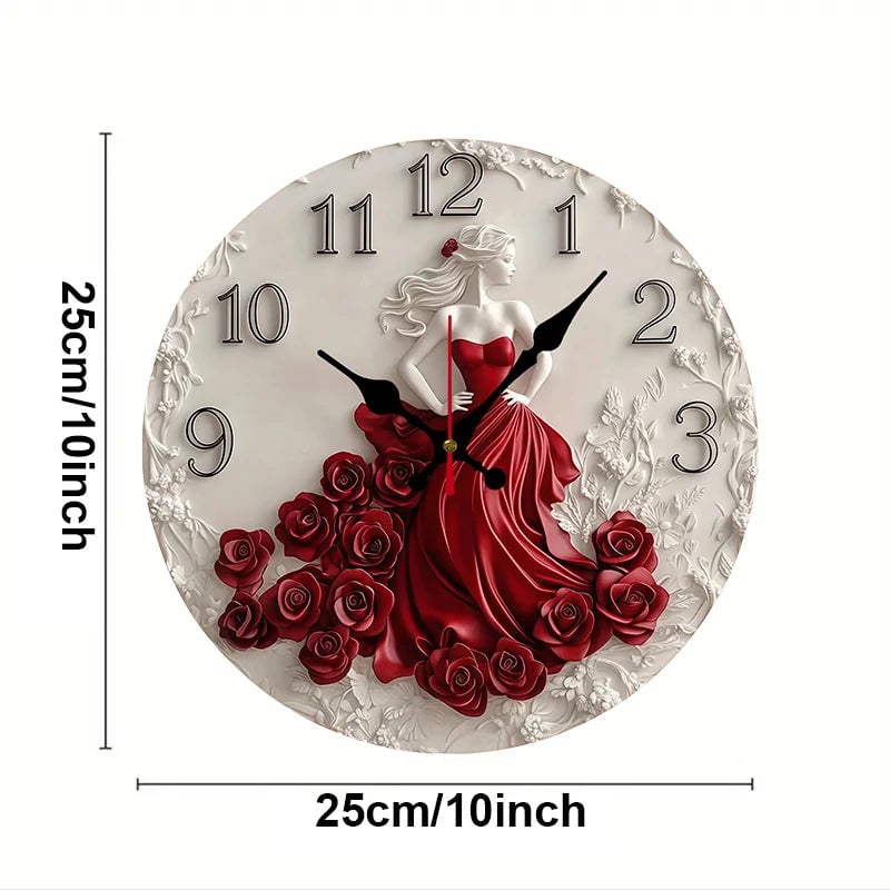 Woman Red Roses Wooden Round Silent Wall Clock - Home Decoration