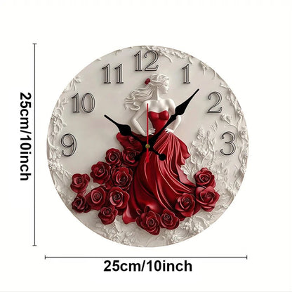 Woman Red Roses Wooden Round Silent Wall Clock - Home Decoration