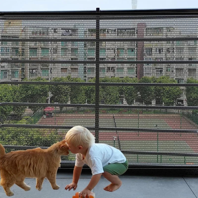 Folding Pet Safety Gate 4-Hook Breathable Mesh Dog Barrier Fence