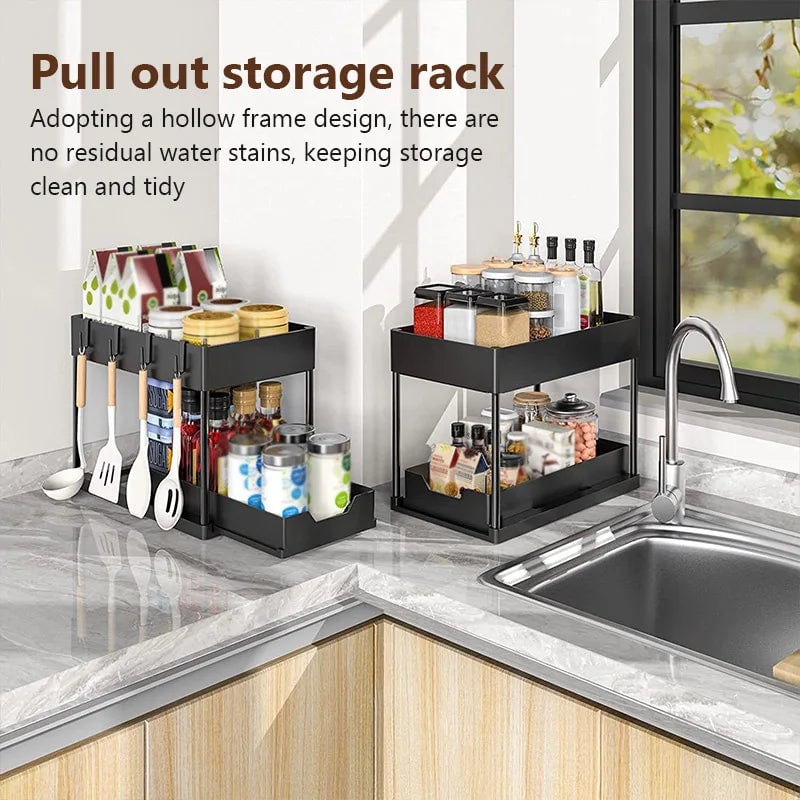 2-Tier Pull Out Cabinet Organizer with Hooks - Kitchen Bathroom