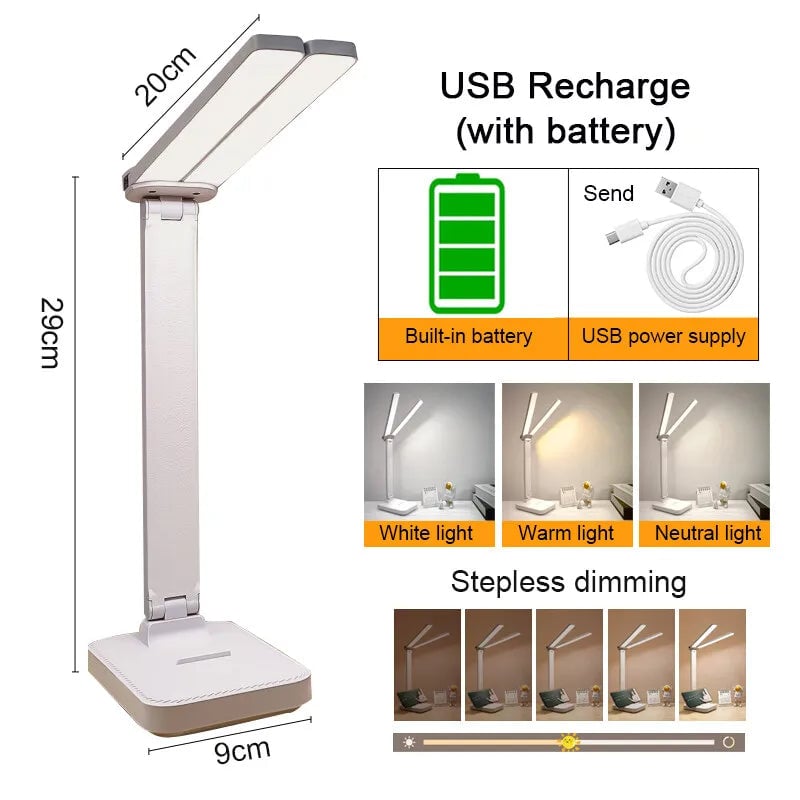 LED Desk Lamp 3-Level Dimmable Touch Control USB Rechargeable Foldable