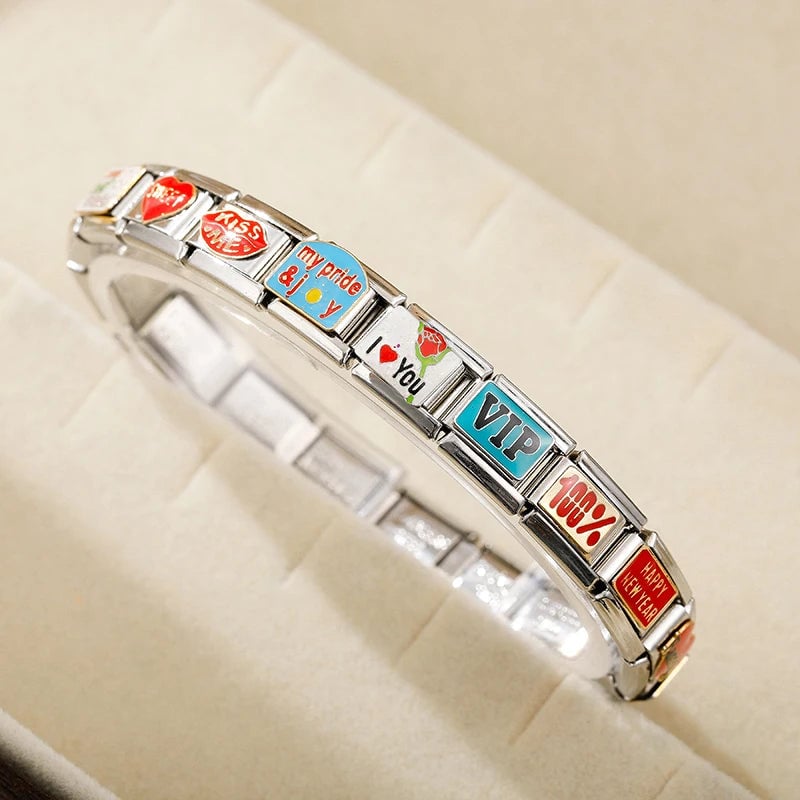 Women's Color Glaze Kiss Me Charm Link 9mm Stainless Steel Bracelet