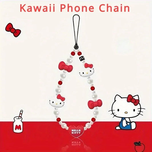 Hello Kitty Love Bow Mobile Phone Chain Beaded Lanyard Kawaii Charm