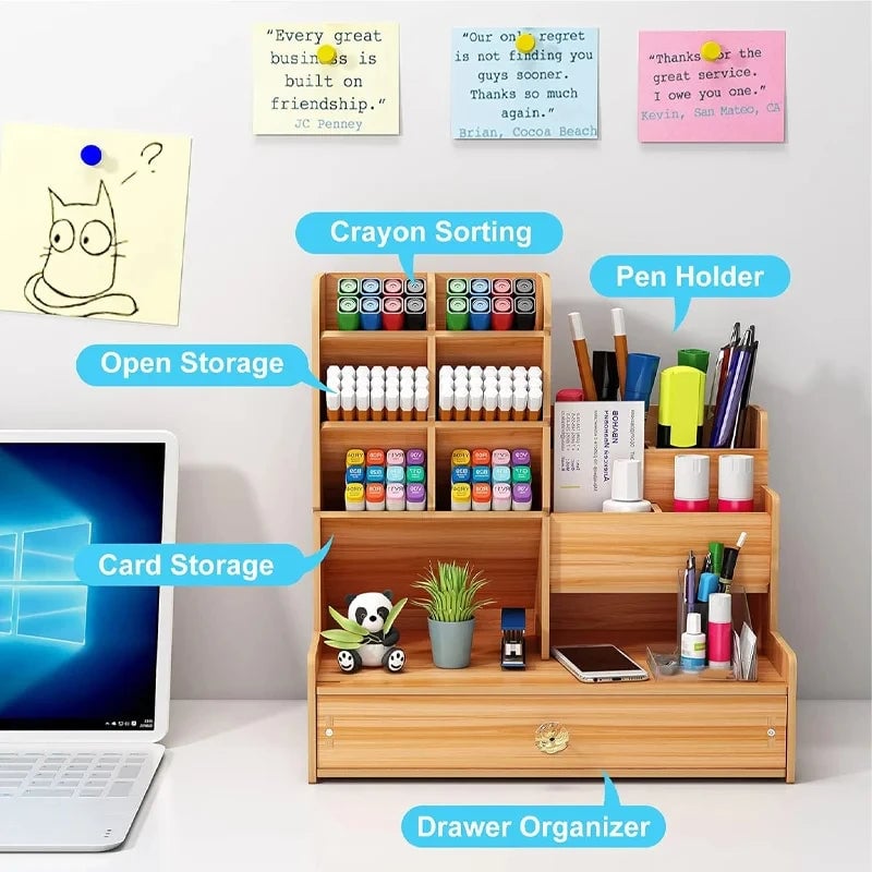 Large Wooden DIY Desk Organiser with Drawer - Multi-Compartment Pen