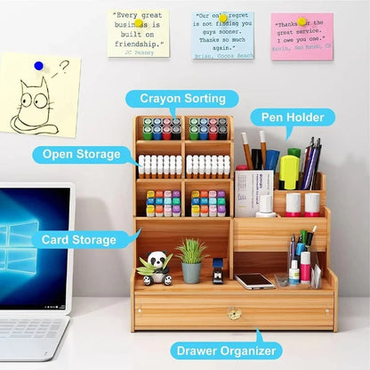Large Wooden DIY Desk Organiser with Drawer - Multi-Compartment Pen