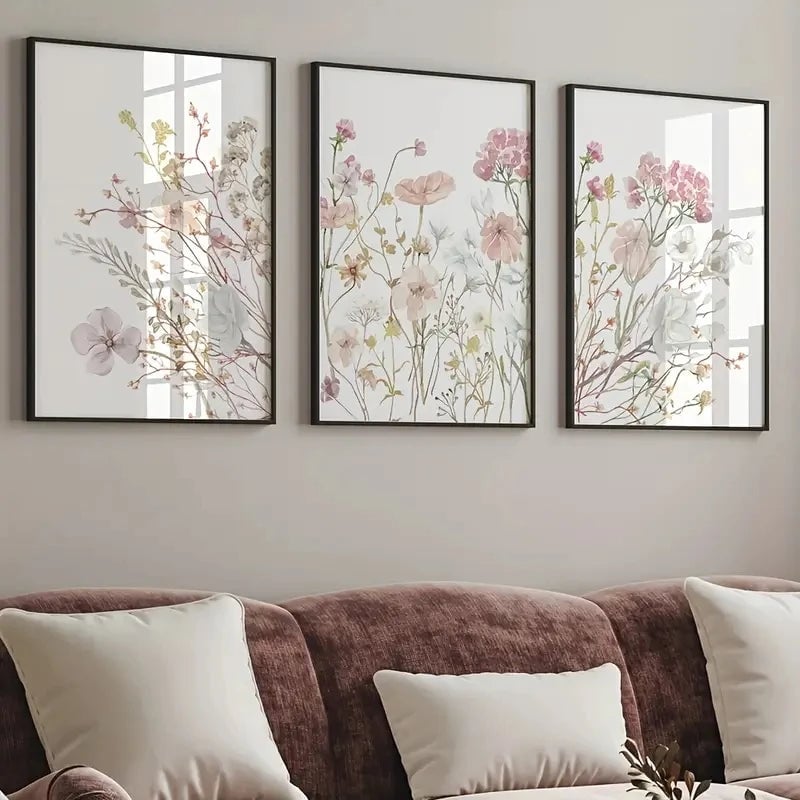3pc Pink Watercolor Floral Canvas Wall Art Set - Bedroom Decor