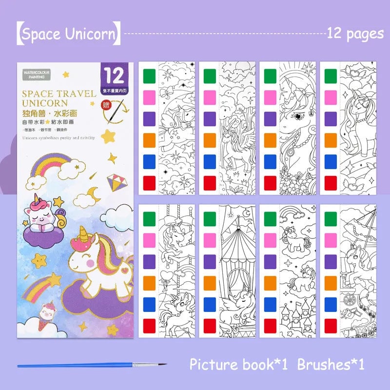 12-Sheet Portable Watercolor Book with Brush - Kids Art Set