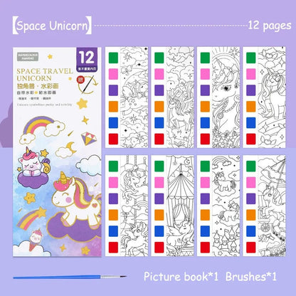 12-Sheet Portable Watercolor Book with Brush - Kids Art Set