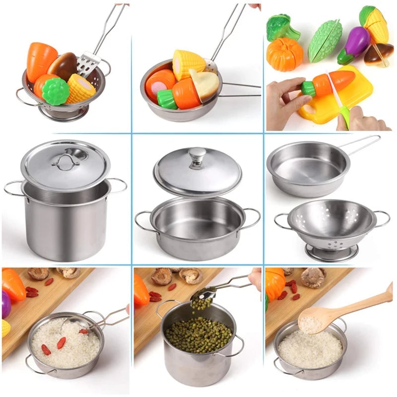 Kids Stainless Steel Cookware Play Set - Pots Pans Kitchen Utensils