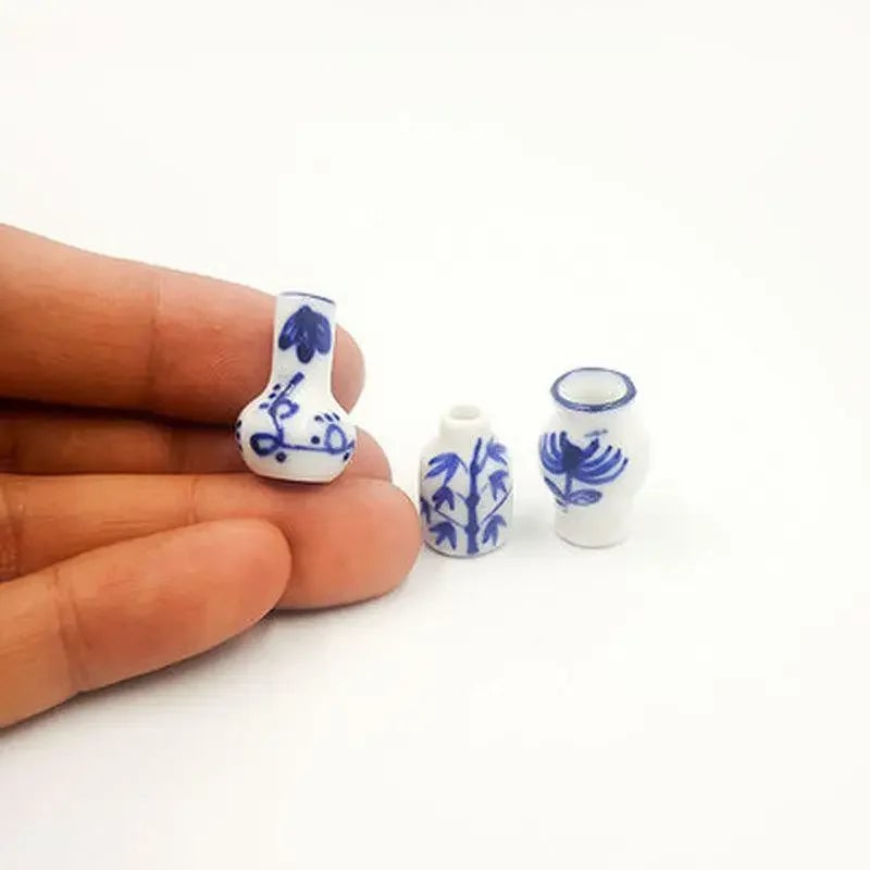 3pcs Mini Blue White Porcelain Vases Dollhouse Kitchen Ceramic Decor