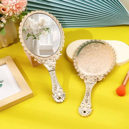 Vintage Oval Round Handheld Makeup Mirror Patterned Beauty Tool