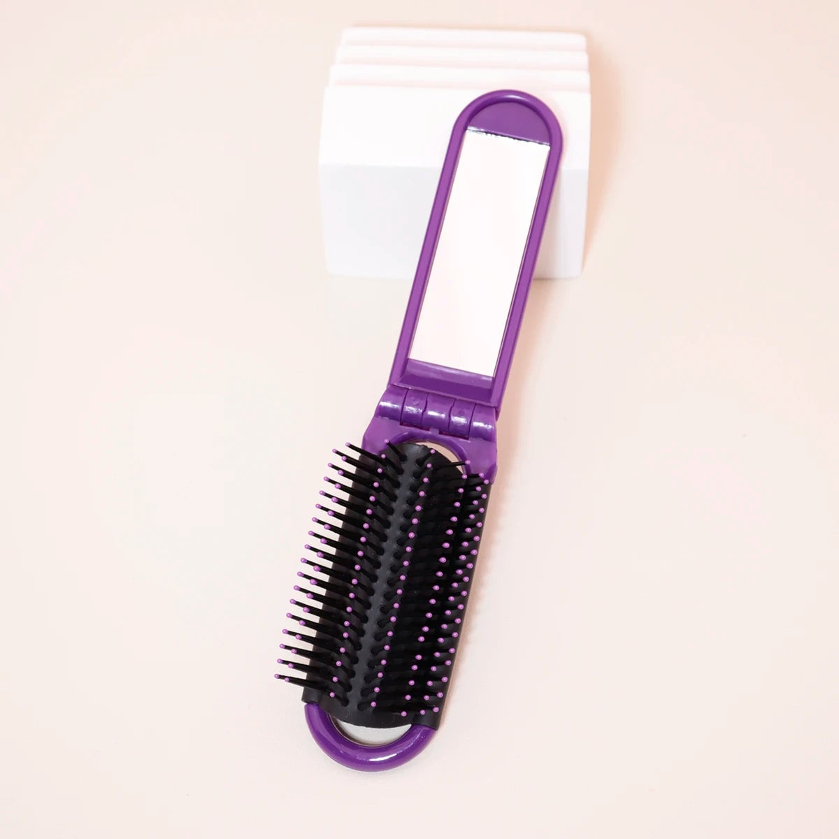 Folding Travel Mirror Hair Brush - Portable Mini Massage Wig Brush