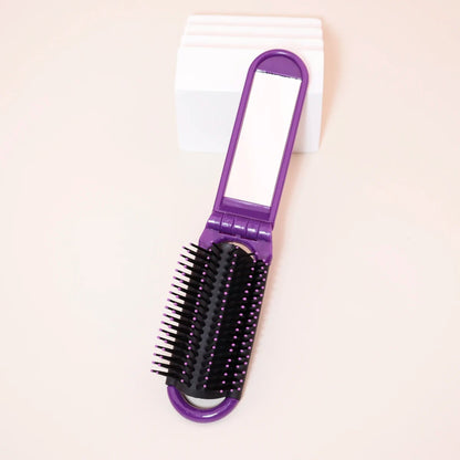 Folding Travel Mirror Hair Brush - Portable Mini Massage Wig Brush