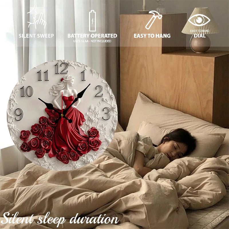 Woman Red Roses Wooden Round Silent Wall Clock - Home Decoration