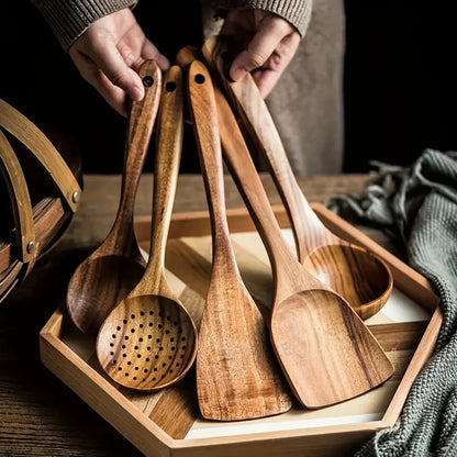 5-Piece Natural Wooden Kitchen Utensils Set - Spoons Spatula Ladle