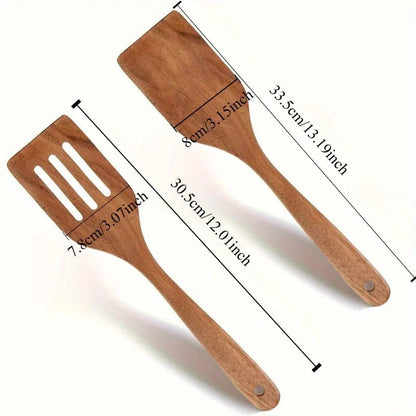 Wooden Spatula Set - Durable Long Handle Kitchen Utensils with Slotted