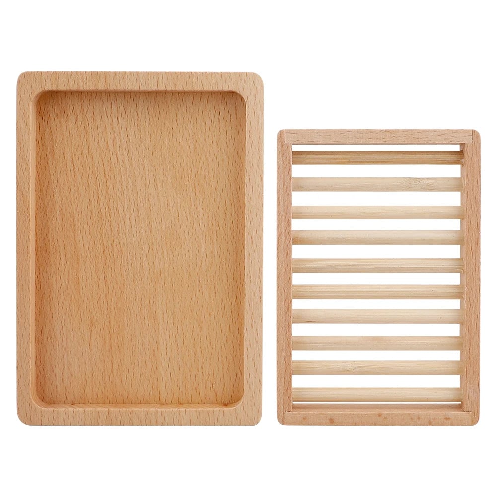 Two Tier Wooden Soap Dish Holder 14x10x2.5cm Bathroom Storage Tray