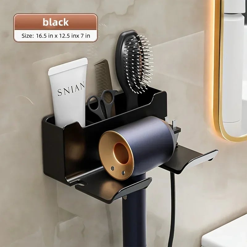 Wall Mount Hair Dryer Holder with Brush Storage Box Bathroom Organizer