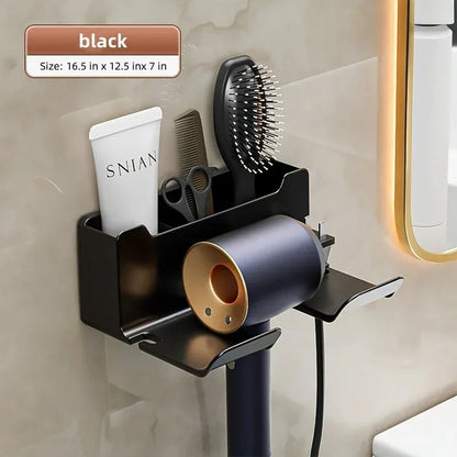 Wall Mount Hair Dryer Holder with Brush Storage Box Bathroom Organizer