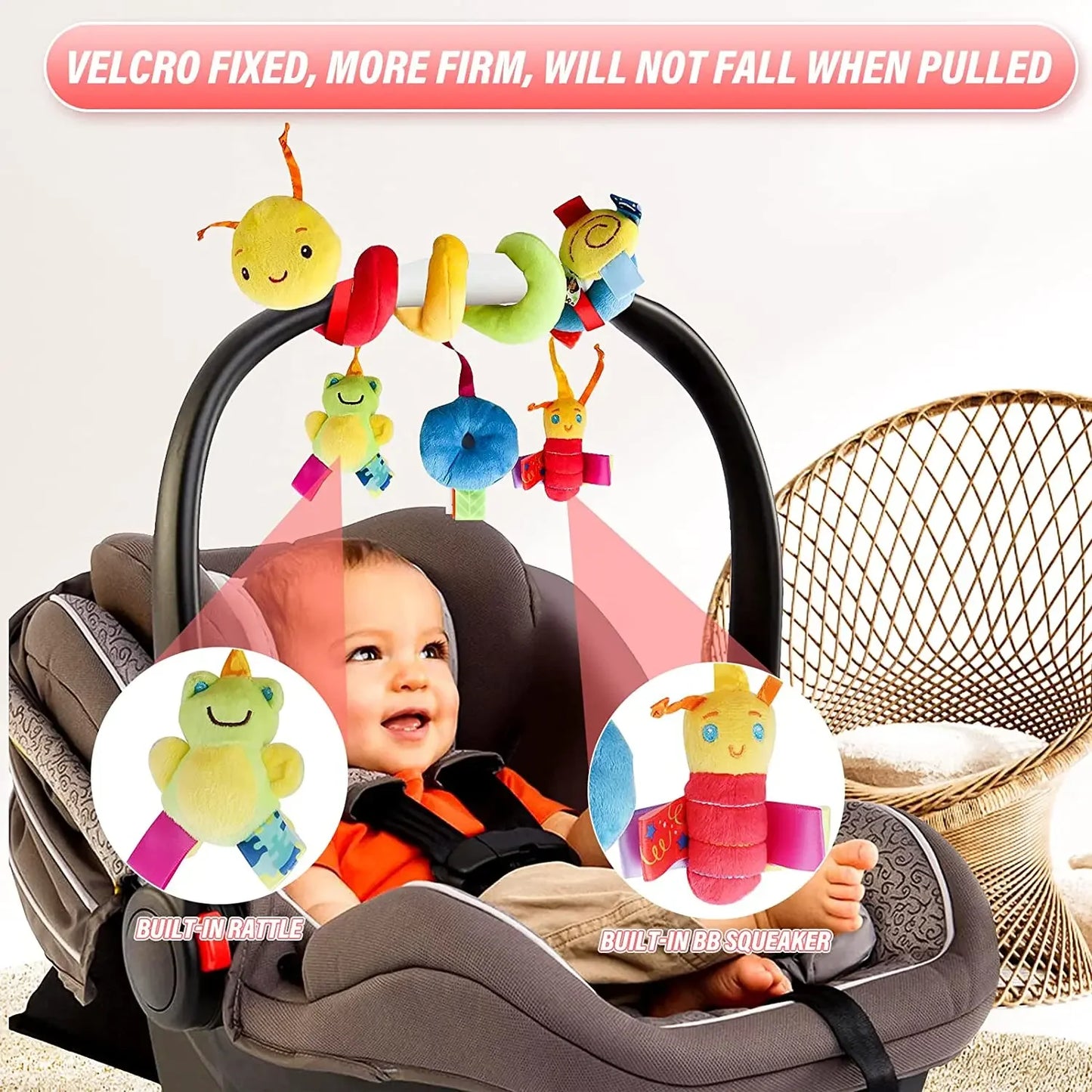 Baby Car Seat Plush Activity Toys with BB Squeaker & Rattles