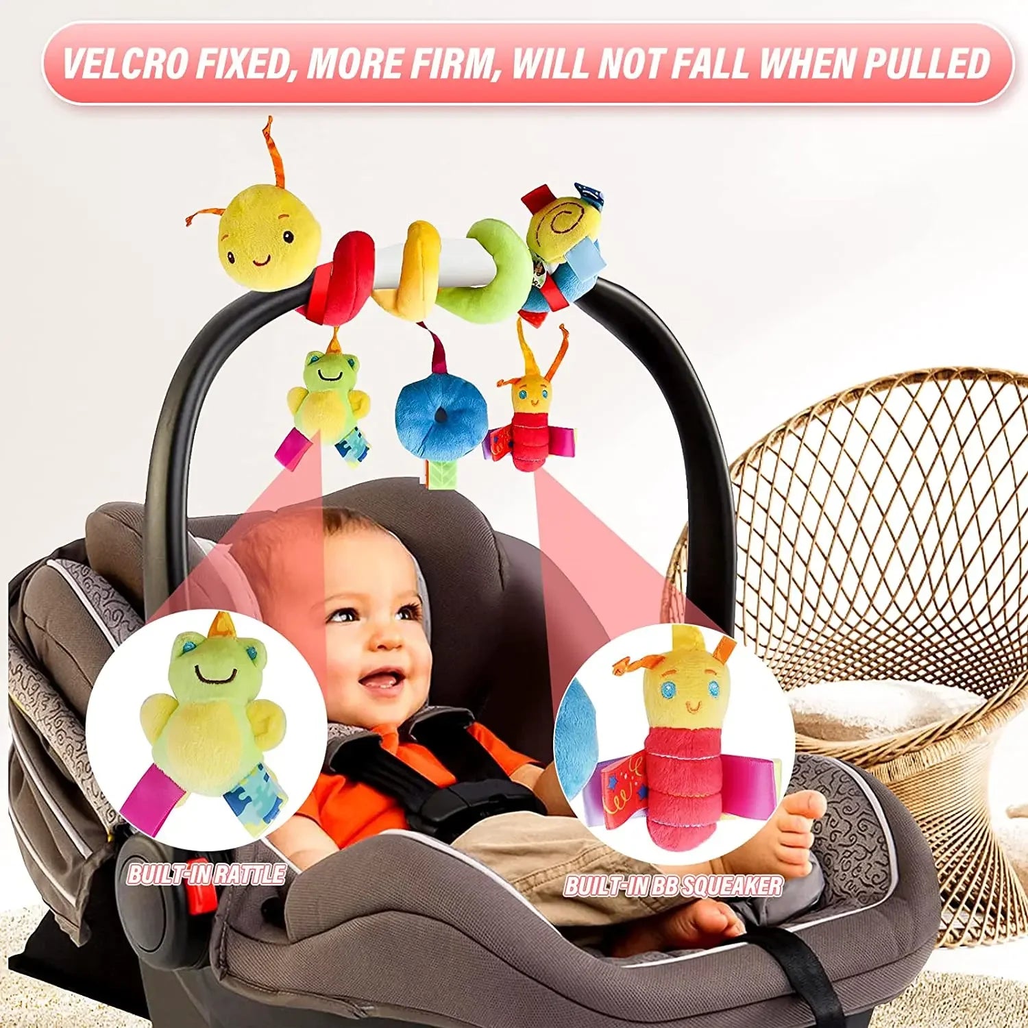 Baby Car Seat Plush Activity Toys with BB Squeaker & Rattles