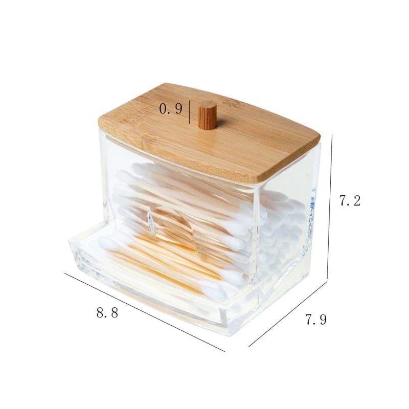 Transparent Cotton Swab Storage Box with Bamboo Lid Double Organizer