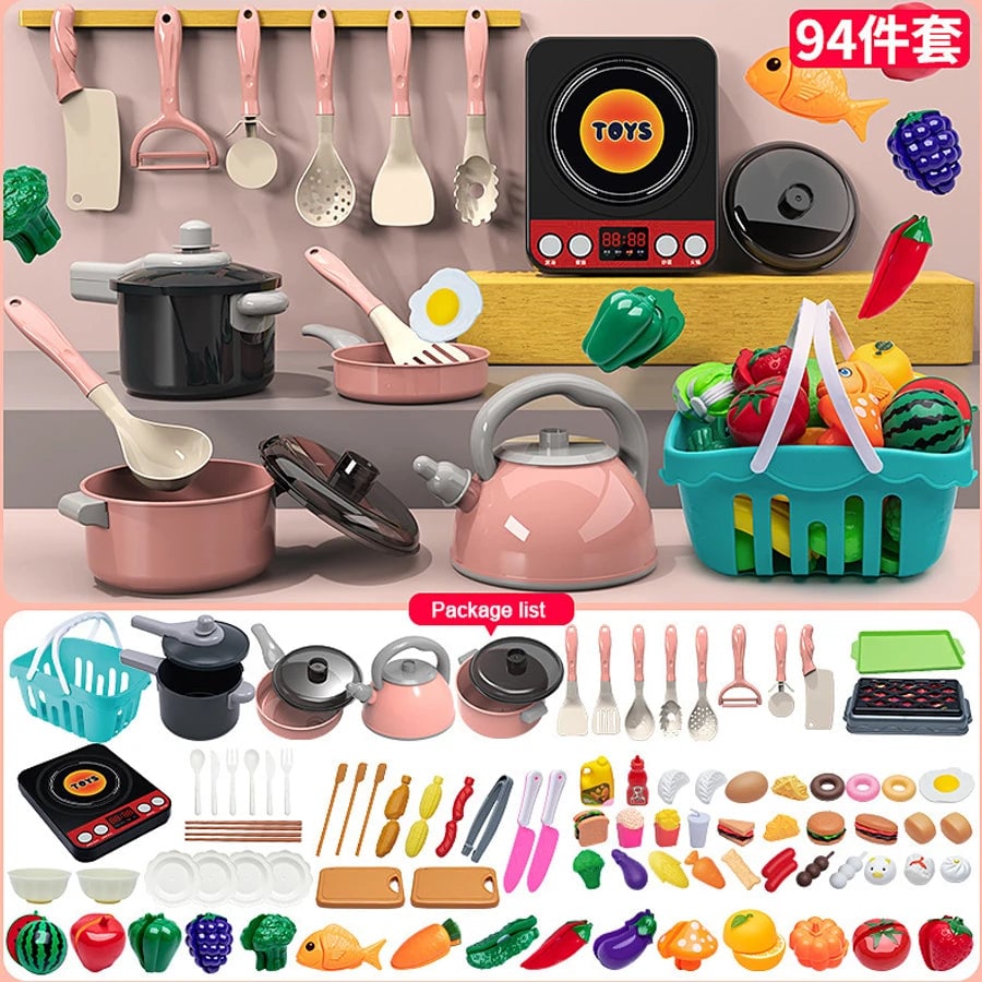 Large Kids Play Kitchen Set - Pretend Cooking Toys with Pots & Food