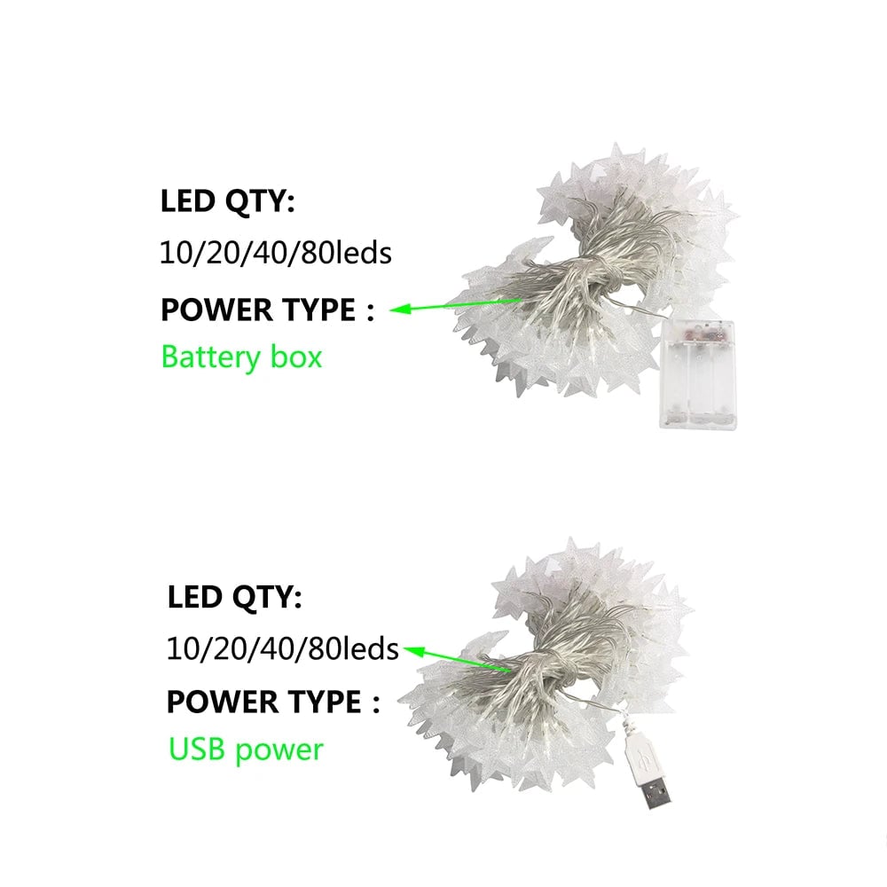 LED Star String Lights 20ft USB Battery Warm White Fairy Lights