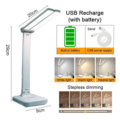 LED Desk Lamp 3-Level Dimmable Touch Control USB Rechargeable Foldable