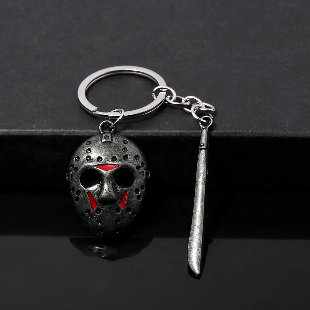 Horror Movie Hockey Mask Machete Metal Keychain - Halloween Cosplay