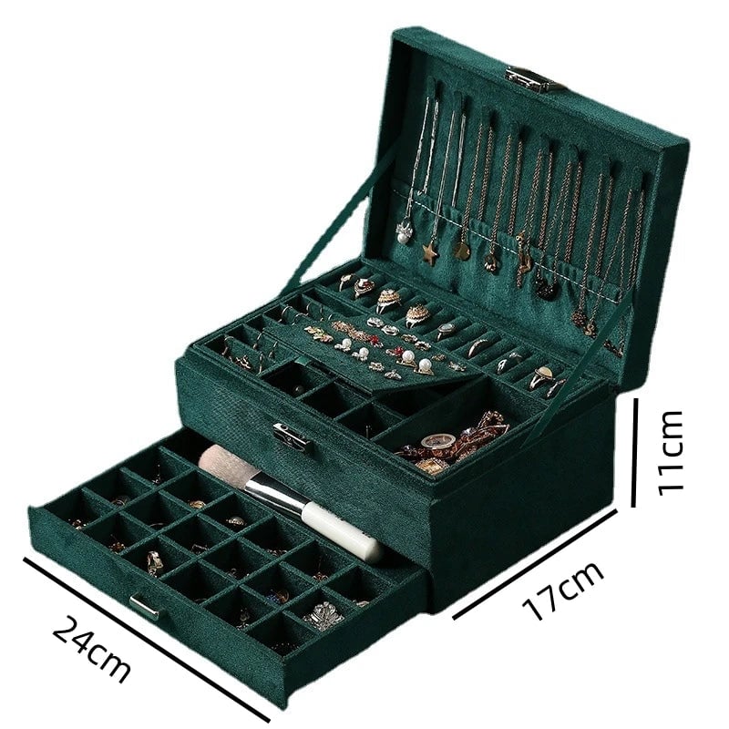 Green Velvet Jewelry Box Double Lock Large Capacity Vintage Style