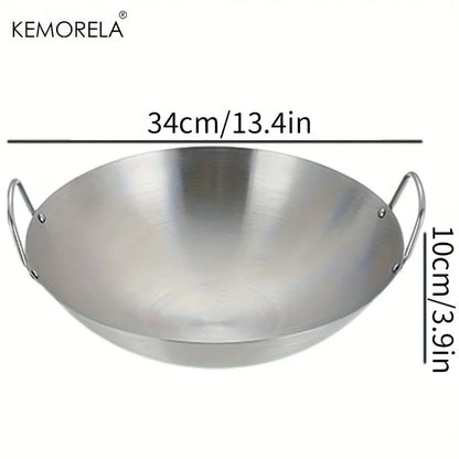 Stainless Steel Wok 26-34cm Double Handle Uncoated Chef Pan