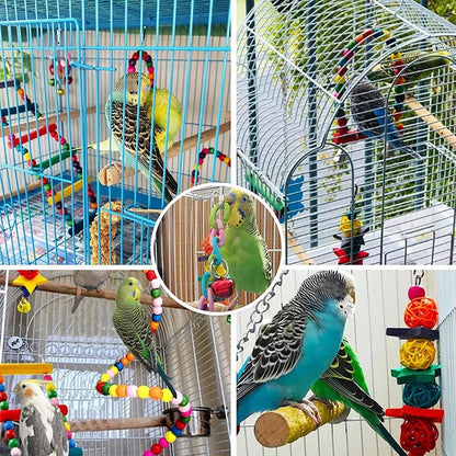 7PCS Wood Parrot Toy Set - Swing Bridge Bells Cage Accessories