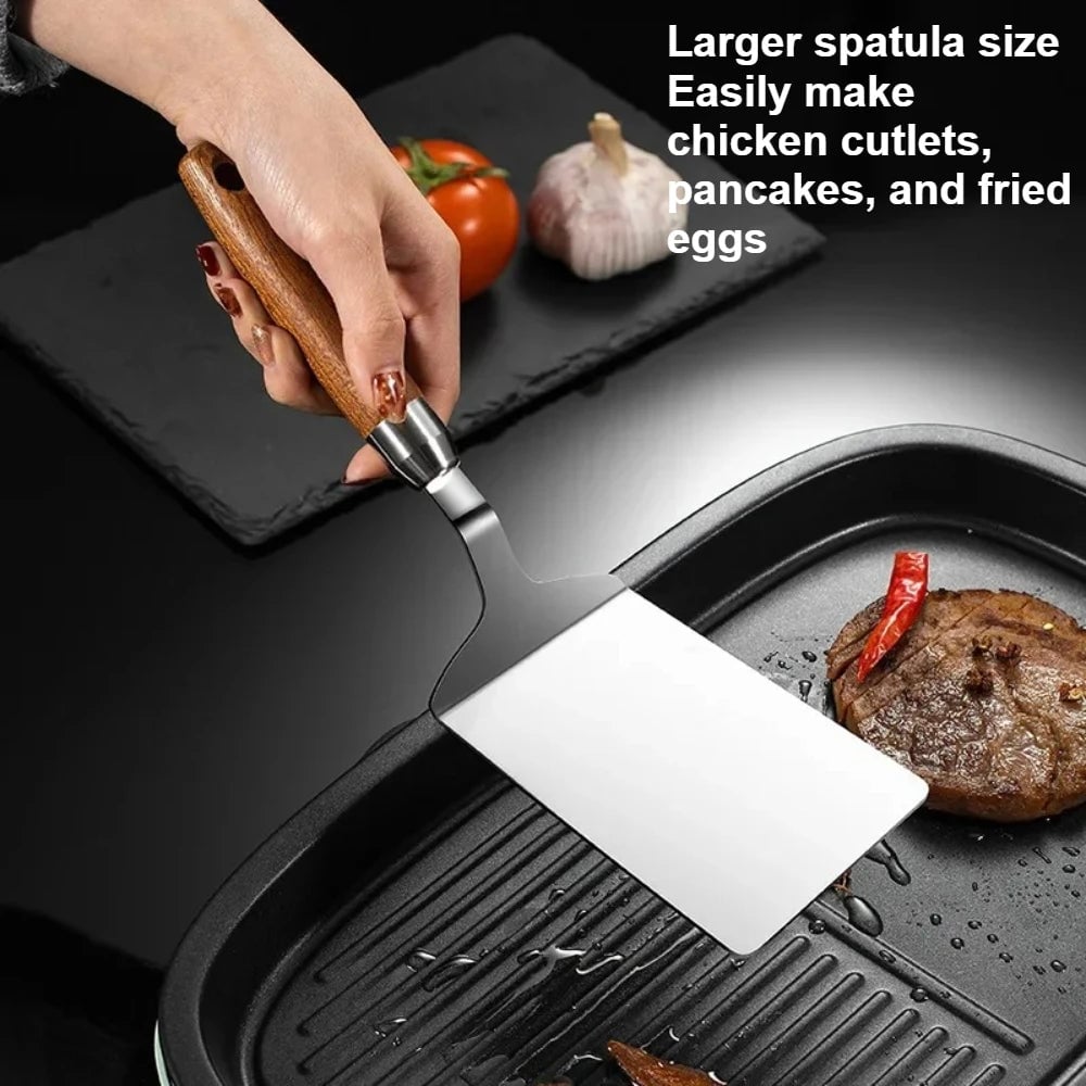 Stainless Steel BBQ Spatula Wooden Handle - Grill Turner Flipper