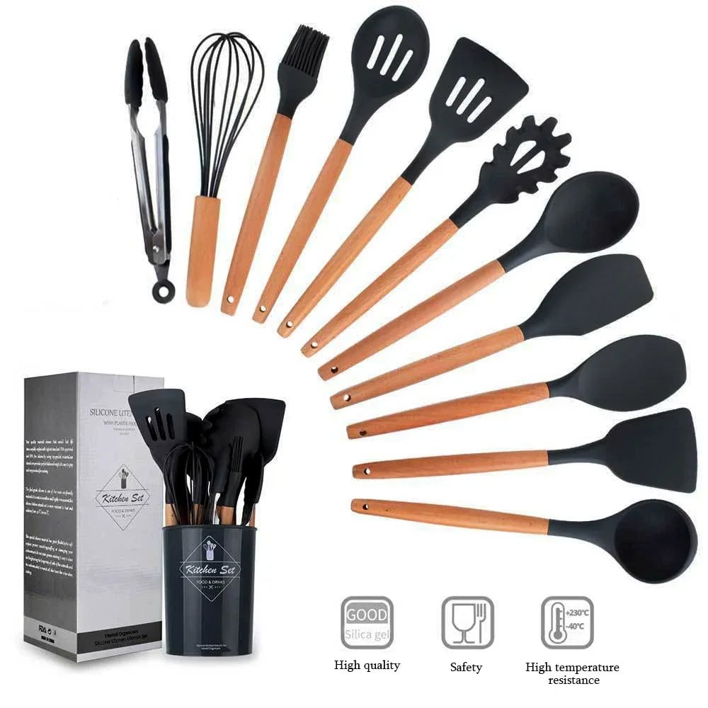 12PC Silicone Kitchen Utensils Set Non-Stick Wooden Handle Spatula