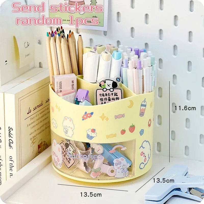 Rotating Desktop Pen Holder with Drawer - Kawaii Stationery Organizer