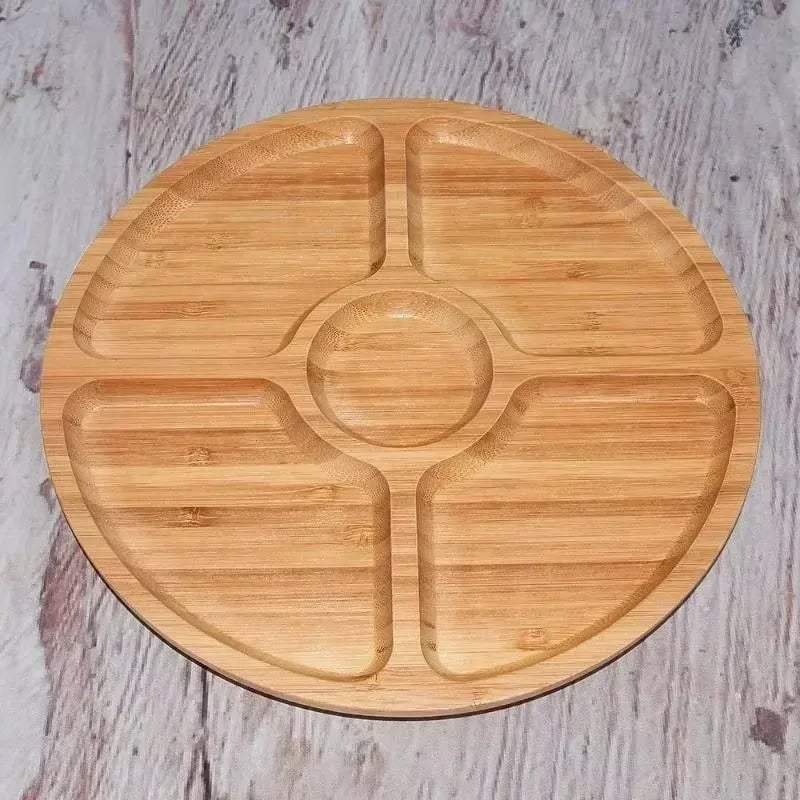 Bamboo Round Fruit Tray 5 Compartment Wooden Plate with Dividers