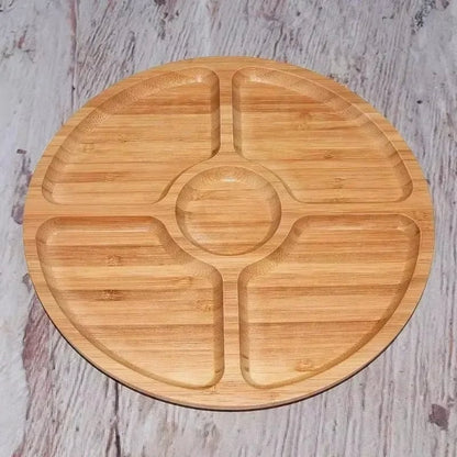 Bamboo Round Fruit Tray 5 Compartment Wooden Plate with Dividers