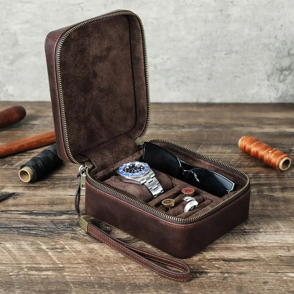 Genuine Leather Multi-Compartment Jewelry Storage Box for Watches
