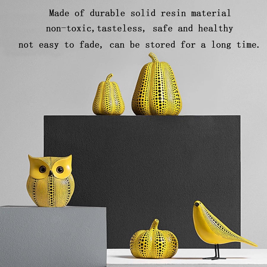 Yellow Wave Point Owl Pumpkin Figurine - Bird Statue Ornament Decor