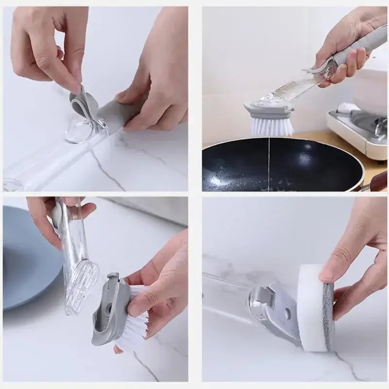 Soap Dispensing Kitchen Sponge Brush Long Handle Press Type Scrubber