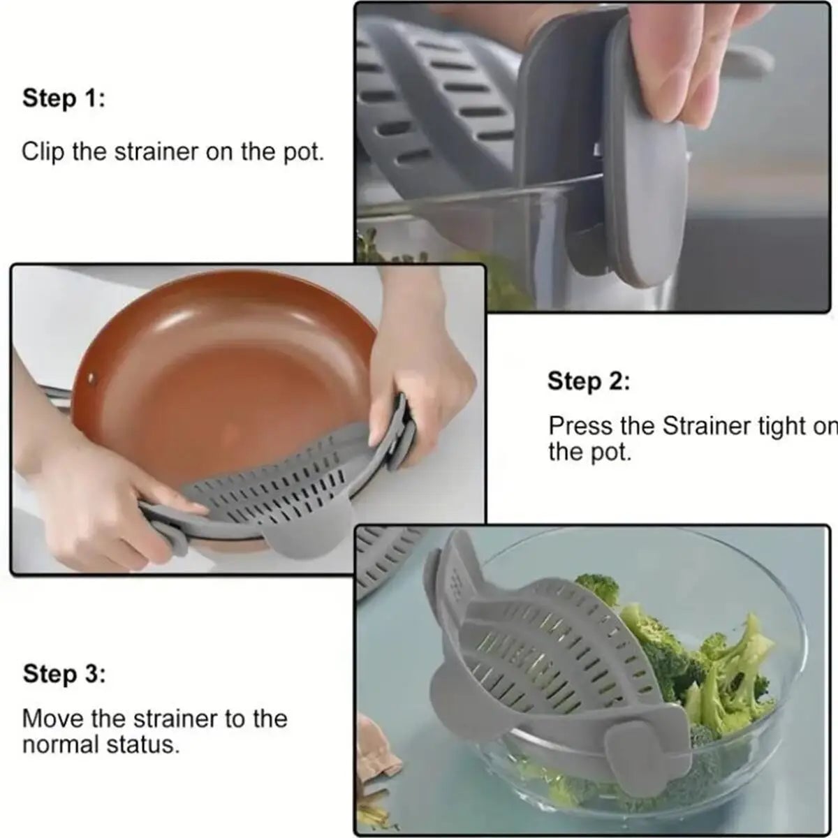 Adjustable Silicone Clip-On Strainer for Pots Pans Bowls - Pasta
