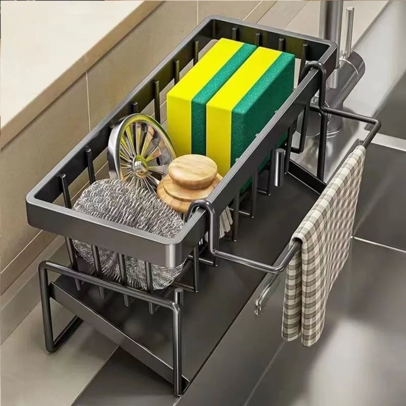 Kitchen Sink Sponge Holder Drain Rack with Hanging Hook Storage