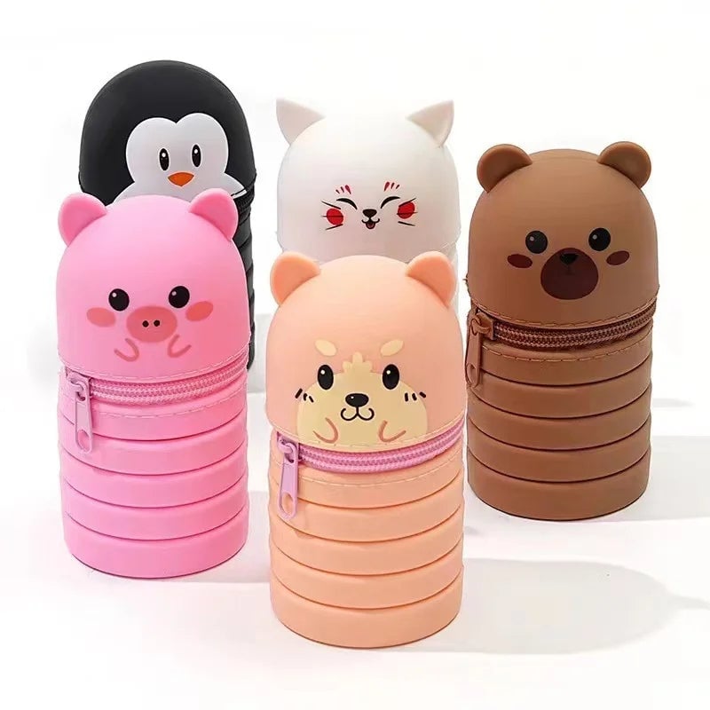 Foldable Silicone Cartoon Animal Pencil Case Desk Organizer Pouch