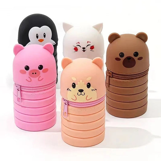 Foldable Silicone Cartoon Animal Pencil Case Desk Organizer Pouch