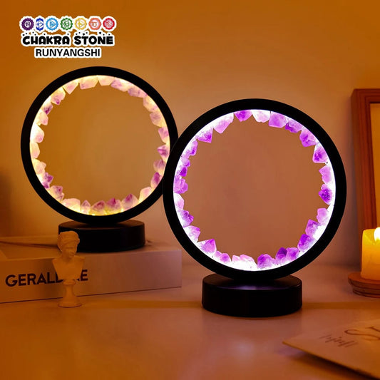 LED Crystal Amethyst Healing Stone Lamp - Natural Round Gemstone