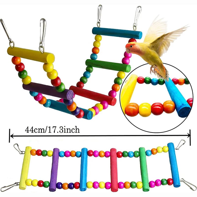 7PCS Wood Parrot Toy Set - Swing Bridge Bells Cage Accessories