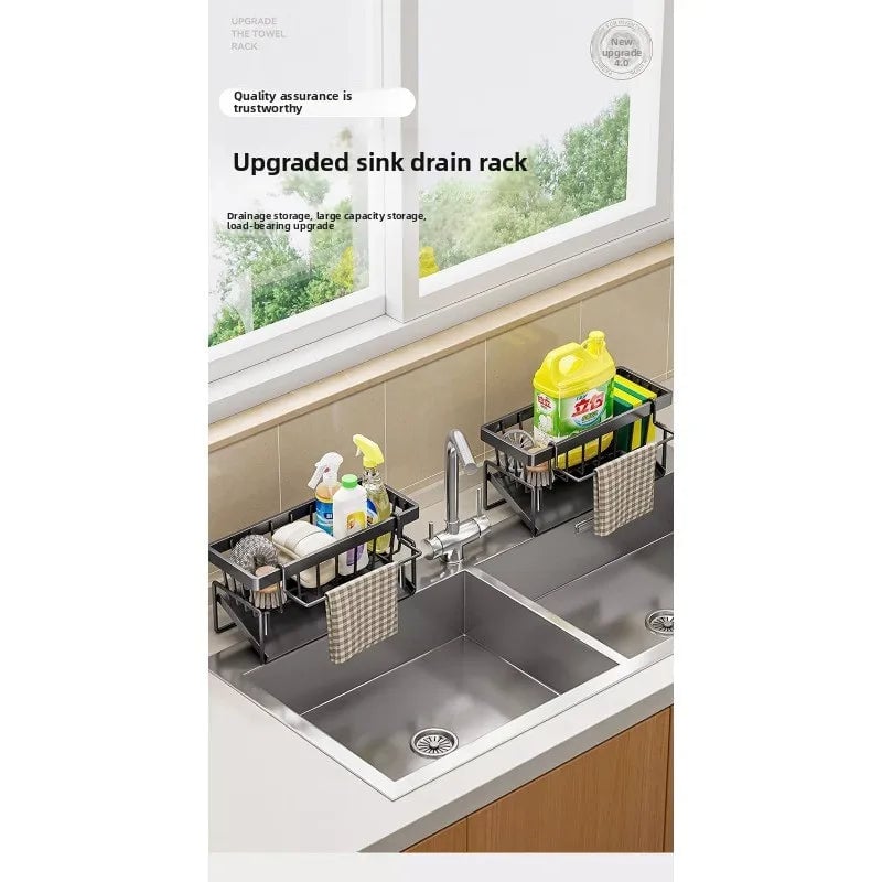 Kitchen Sink Sponge Holder Drain Rack with Hanging Hook Storage