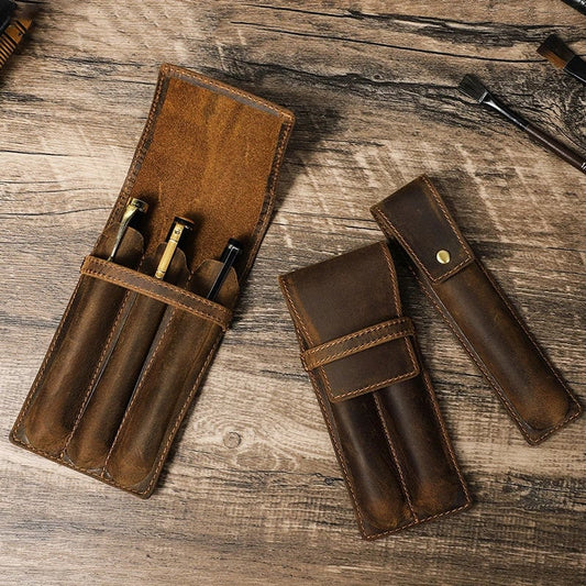 Handmade Cowhide Leather Pencil Case Magnetic Drawer 1/2/3 Slots